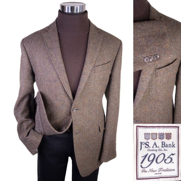 Jos A Bank 1905 Olive Herringbone Wool Tailored 2-Buttn Sport Coat Blazer Sz 42R